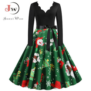 Black Big Swing Print Vintage Christmas Dress Women Winter Casual Long Sleeve