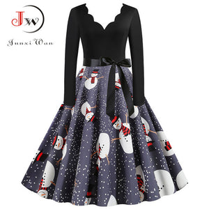 Black Big Swing Print Vintage Christmas Dress Women Winter Casual Long Sleeve