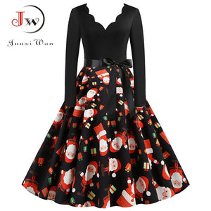 Black Big Swing Print Vintage Christmas Dress Women Winter Casual Long Sleeve