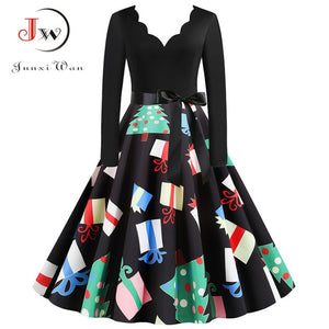 Black Big Swing Print Vintage Christmas Dress Women Winter Casual Long Sleeve