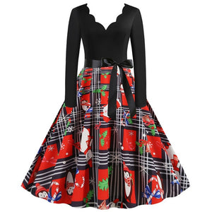 Black Big Swing Print Vintage Christmas Dress Women Winter Casual Long Sleeve