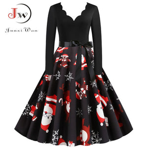 Black Big Swing Print Vintage Christmas Dress Women Winter Casual Long Sleeve