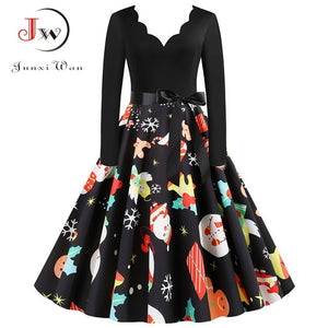 Black Big Swing Print Vintage Christmas Dress Women Winter Casual Long Sleeve