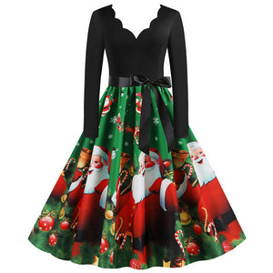 Black Big Swing Print Vintage Christmas Dress Women Winter Casual Long Sleeve