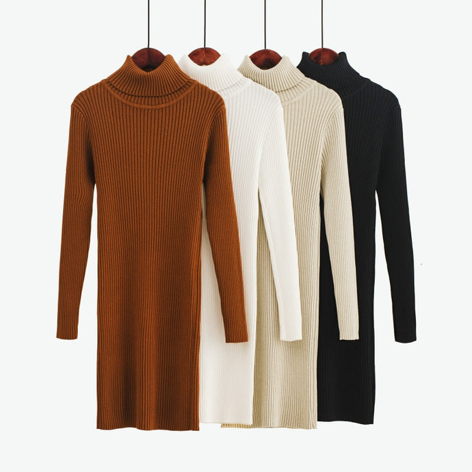 Korean Sweater Dress Fashion Women Knitted Dresses Elegant Women Turtleneck Sweaters Dress Knitting Cotton Winter Women Dresses