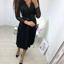 Load image into Gallery viewer, BEFORW Sexy VNeck Women Lace Dress Casual Party Pleated Chiffon Dresses 2019 Elegant Fresh Black Ribbon Hollow Chiffon Midi Dres