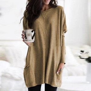 Long T-Shirts Women 2019 Autumn Winter Casual Loose Solid Pullover Round Neck Full Batwing Sleeve Pockets Tops Plus Size 5XL