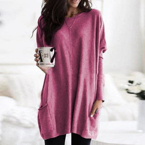 Long T-Shirts Women 2019 Autumn Winter Casual Loose Solid Pullover Round Neck Full Batwing Sleeve Pockets Tops Plus Size 5XL