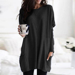 Long T-Shirts Women 2019 Autumn Winter Casual Loose Solid Pullover Round Neck Full Batwing Sleeve Pockets Tops Plus Size 5XL