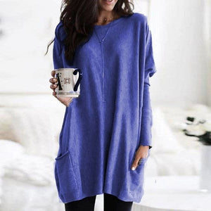 Long T-Shirts Women 2019 Autumn Winter Casual Loose Solid Pullover Round Neck Full Batwing Sleeve Pockets Tops Plus Size 5XL