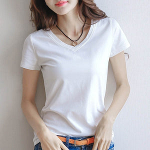 2019 Spring Summer Women T-shirt Black V-Neck Short Sleeve Female Tee Slim White T-Shirt Casual Solid Lady Tshirt Tops