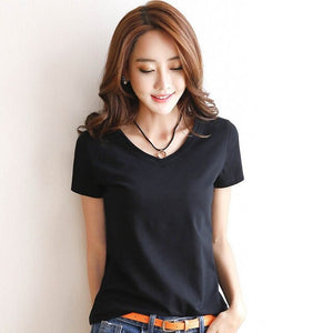 2019 Spring Summer Women T-shirt Black V-Neck Short Sleeve Female Tee Slim White T-Shirt Casual Solid Lady Tshirt Tops