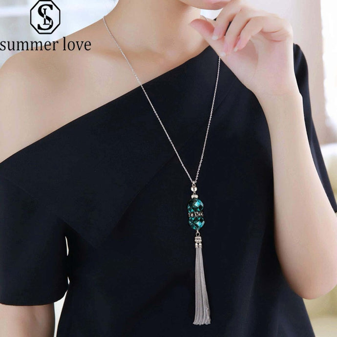 Crystal Bead Silver Necklace Long Chain Alloy Tassel Pendant Necklace for Women