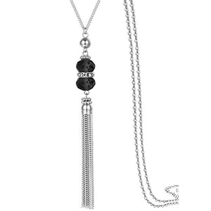 Crystal Bead Silver Necklace Long Chain Alloy Tassel Pendant Necklace for Women