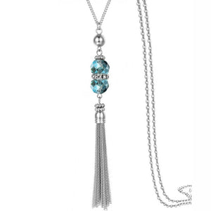 Crystal Bead Silver Necklace Long Chain Alloy Tassel Pendant Necklace for Women