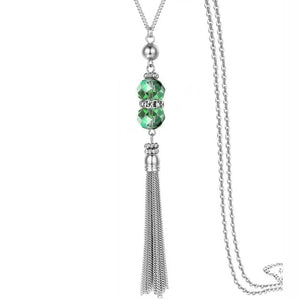 Crystal Bead Silver Necklace Long Chain Alloy Tassel Pendant Necklace for Women