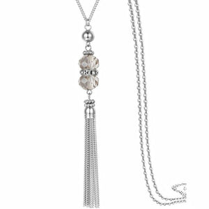 Crystal Bead Silver Necklace Long Chain Alloy Tassel Pendant Necklace for Women