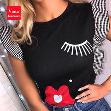 Load image into Gallery viewer, Vana Javeasen  Women Ruffle Fashion T-Shirt Eyelashes Red Lips Print Tees O-Neck Butterfly Sleeve Woman&#39;s Clothes Simple Tops