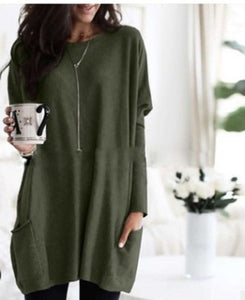 Long T-Shirts Women 2019 Autumn Winter Casual Loose Solid Pullover Round Neck Full Batwing Sleeve Pockets Tops Plus Size 5XL