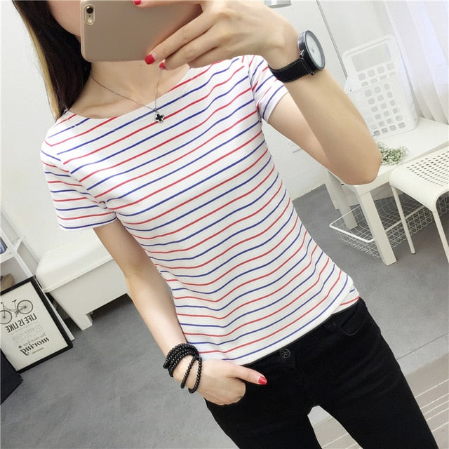 MRMT Stripes Womens T-Shirt V Collar T Shirts Skinny Half Sleeve Clothes Women Slim Under Wear Tshirt Casual Top Tees For Female