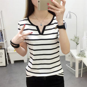 MRMT Stripes Womens T-Shirt V Collar T Shirts Skinny Half Sleeve Clothes Women Slim Under Wear Tshirt Casual Top Tees For Female