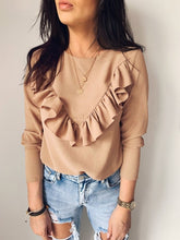 Load image into Gallery viewer, Ruffles T Shirt Women Long Sleeve Streetwear T-Shirts Tops Casual Solid O-Neck Tee Top Female Clothing 2019 Fashion De Mujer