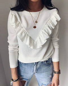 Ruffles T Shirt Women Long Sleeve Streetwear T-Shirts Tops Casual Solid O-Neck Tee Top Female Clothing 2019 Fashion De Mujer