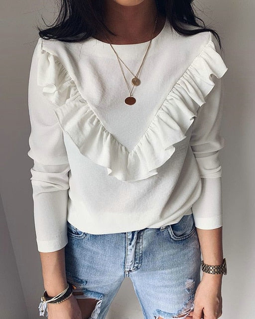 Ruffles T Shirt Women Long Sleeve Streetwear T-Shirts Tops Casual Solid O-Neck Tee Top Female Clothing 2019 Fashion De Mujer