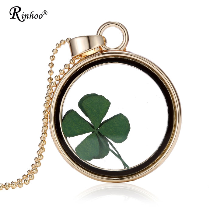 Handmade Natural Real Dried Flower Lucky Four Leaf Clover Resin Round Glass 35MM Locket Pendant Necklace For Women Jewelry