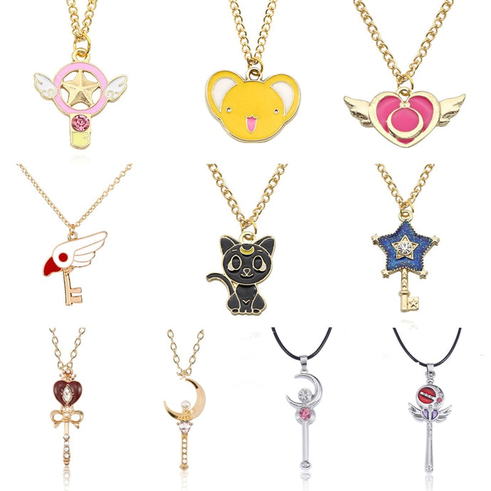 Anime Cardcaptor Sakura Sailor Moon Necklace Cartoon Card Captor Heart Wand Cat Rabbit Bird Necklaces Pendants Jewelry For Kids