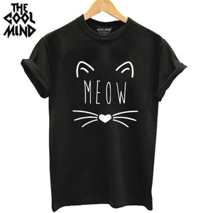 COOLMIND QI0232B 100% cotton cat print women T shirt casual short sleeve Tshirt female o-neck loose women t-shirt tops tee shirt