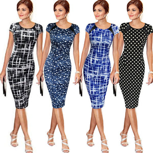 2018 New Sexy Women Pencil Dresses Short Sleeve Summer Bandage Evening Party O-neck Bodycon Slim Polka Dot Dress Knee Length