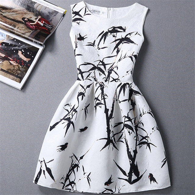 Fashion Summer Dress Women A-Line Flower Print Maxi Party Casual Vintage Dresses Elegant Sleeveless Ladies Dress Vestidos Q305