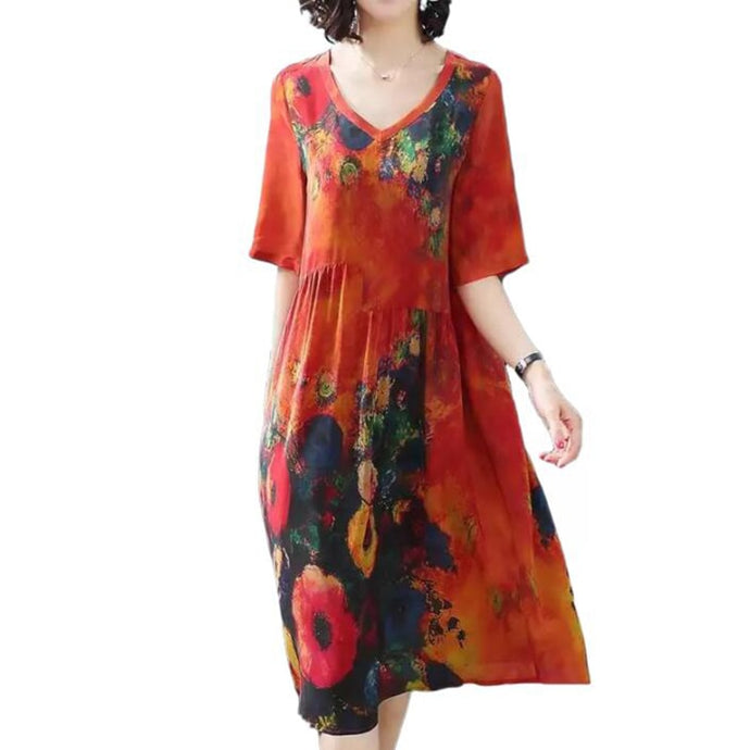 2019 New Arrival Women Silk Dress Female Summer Half Sleeve V-Neck Vintage Print Dresses Loose Casual Plus Size Vestidos Mujer