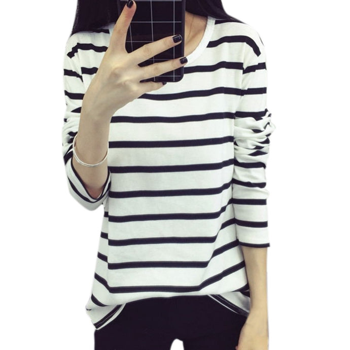 Autumn Shirt Stripes Hoodies For Women Sweatshirts Casual Navy Black White Striped Thin Bottoming T-shirts