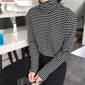 Fashion Black White Striped Women Long Sleeve T-shirt