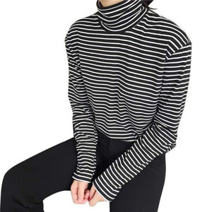 Fashion Black White Striped Women Long Sleeve T-shirt