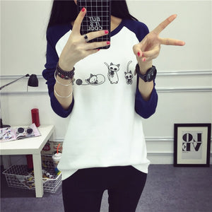 Cute Cat Harajuku T-Shirt 2019 Spring Summer New Women Animals Printed T-Shirt Cotton O-Neck Full Sleeve Korean Style Tops Tees