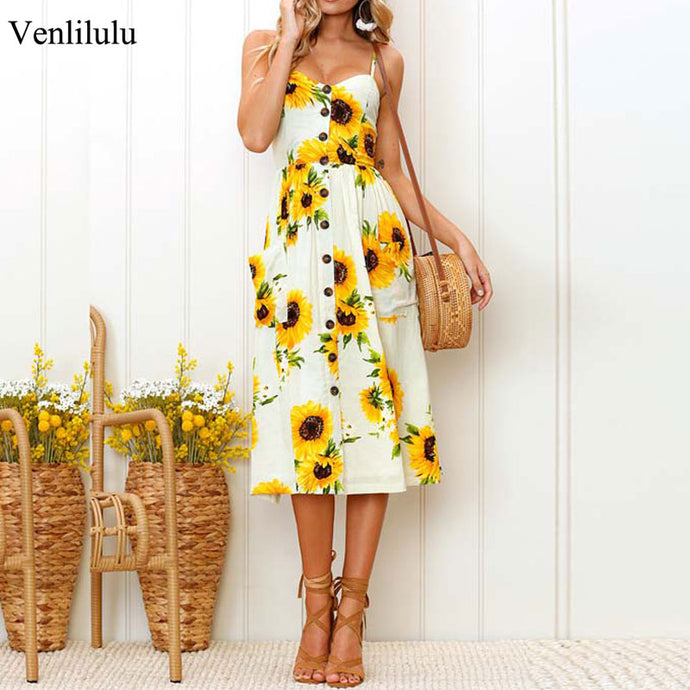 2019 Summer Sunflower Dress Women Party Dress Plus Size Flower Beach Dress Female Floral Backless Midi Striped Dress Ladies 3XL