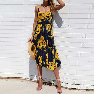 2019 Summer Sunflower Dress Women Party Dress Plus Size Flower Beach Dress Female Floral Backless Midi Striped Dress Ladies 3XL