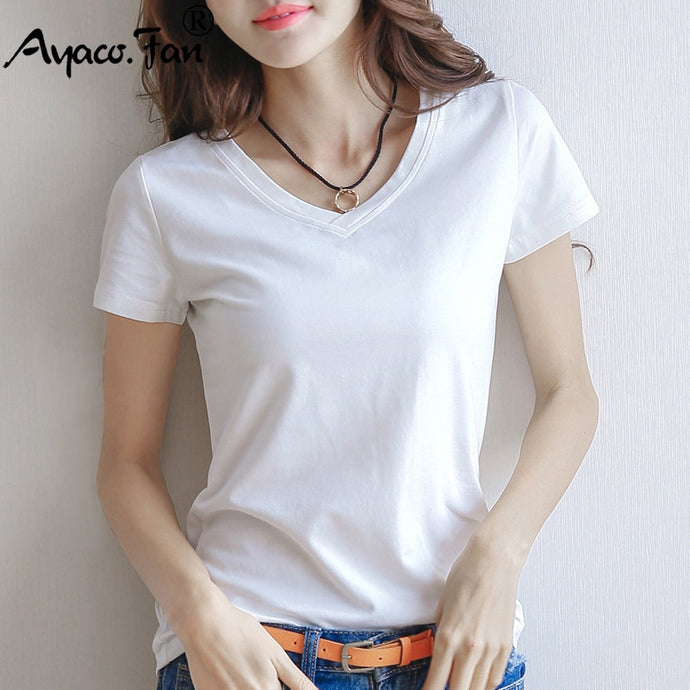 2019 Spring Summer Women Cotton T-shirt Black V-Neck Short Sleeve Female Tee Slim White T-Shirt Casual Solid Lady Tshirt Tops