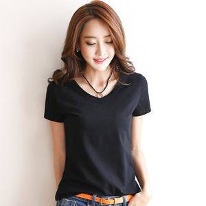 2019 Spring Summer Women Cotton T-shirt Black V-Neck Short Sleeve Female Tee Slim White T-Shirt Casual Solid Lady Tshirt Tops