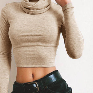 Newly Sexy Women Turtleneck Long Sleeve Crop Top Slim Fit T-shirt Pullover Cropped Tops