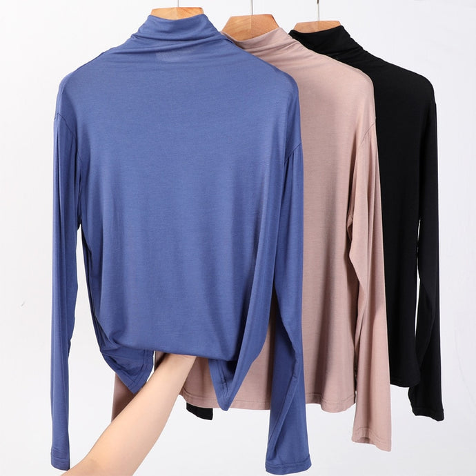 100% cotton long sleeve Solid Turtleneck t-shirt women high stretch slim tops spring autumn skinny Basic Bottoming tshirt tight